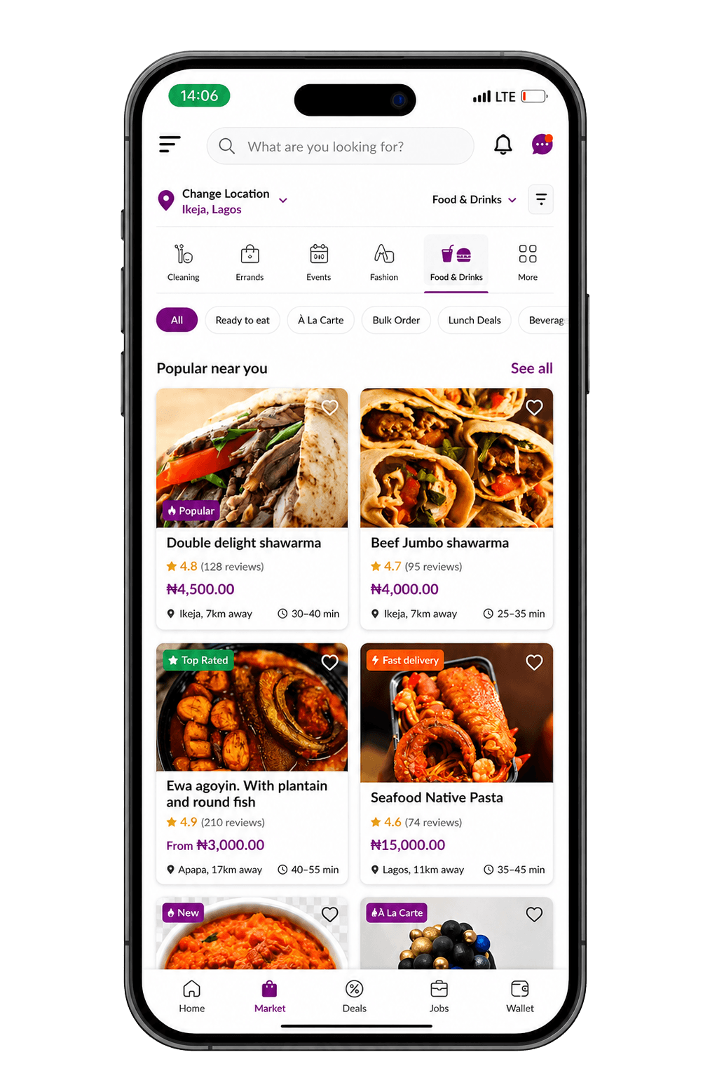 Fixme mobile app showing food and marketplace listings near you