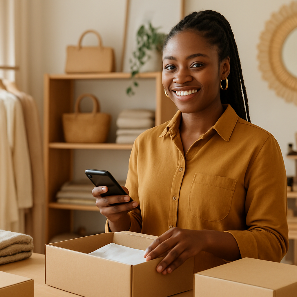 A Nigerian business owner packing orders in her shop